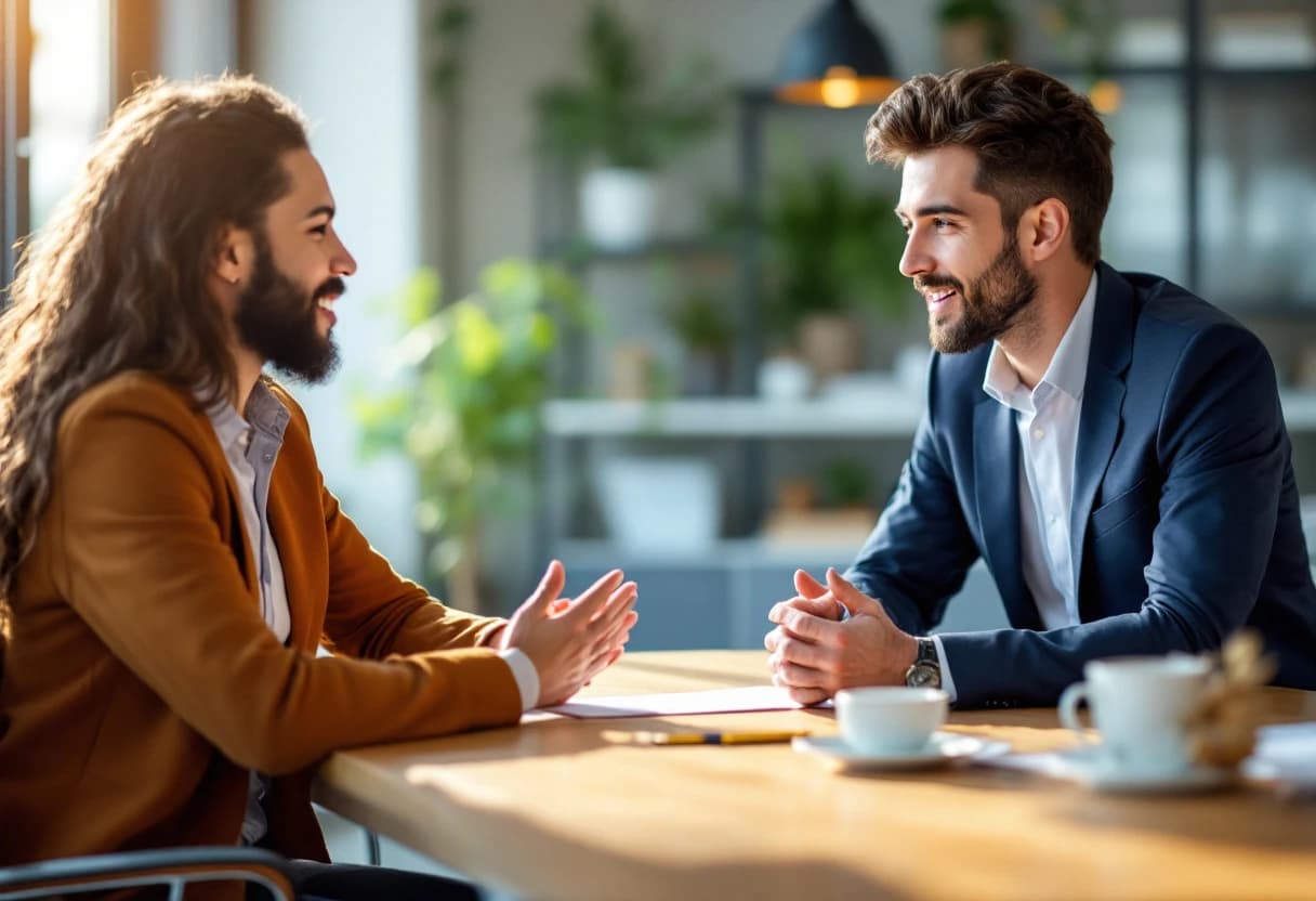 Gestor e colaborador em uma conversa de apoio no trabalho