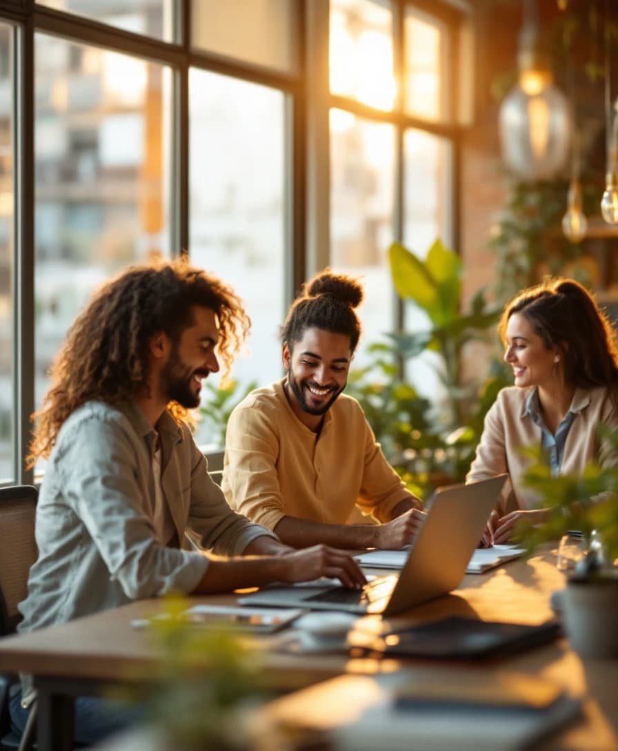 Equipe diversa colaborando em um escritório moderno com luz natural